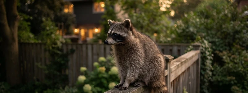 Raccoon on a residential fence at dusk