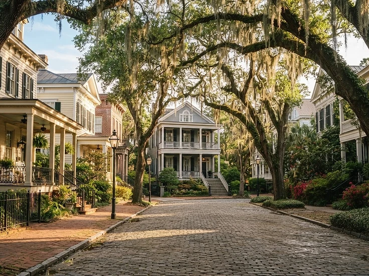 Savannah residential neighborhood with mature trees