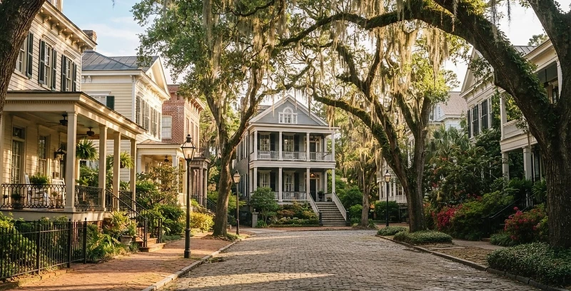 Savannah residential neighborhood with mature live oaks