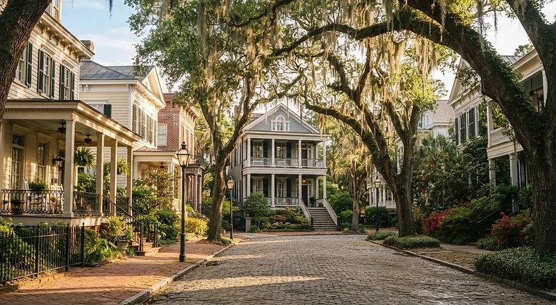 Savannah residential neighborhood with mature live oaks