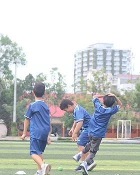 Young players focused on a cricket ball on the turf