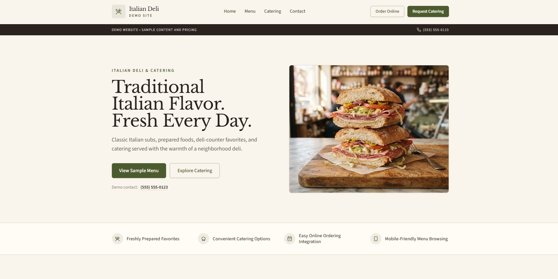Homepage of the Italian Deli demo website with hero photography of Italian subs and a catering call to action