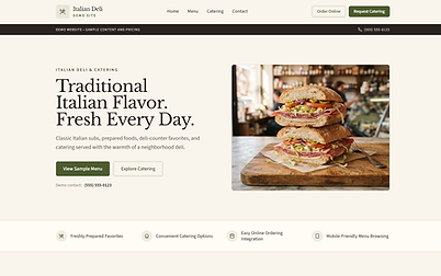 Homepage of the interactive Italian Deli demo website, featuring a hero photo of stacked Italian subs