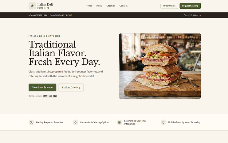 Homepage of the interactive Italian Deli demo website, featuring a hero photo of stacked Italian subs
