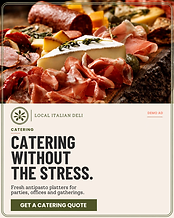 Feed advertisement from the Italian Deli demo campaign, promoting antipasto catering with a Get a Catering Quote button