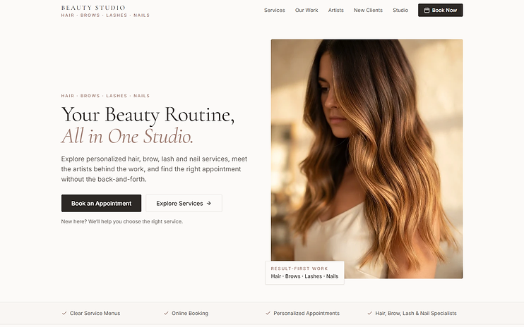 Homepage of the interactive Salon & Cosmetic Studio demo website, featuring a hero photo of styled hair