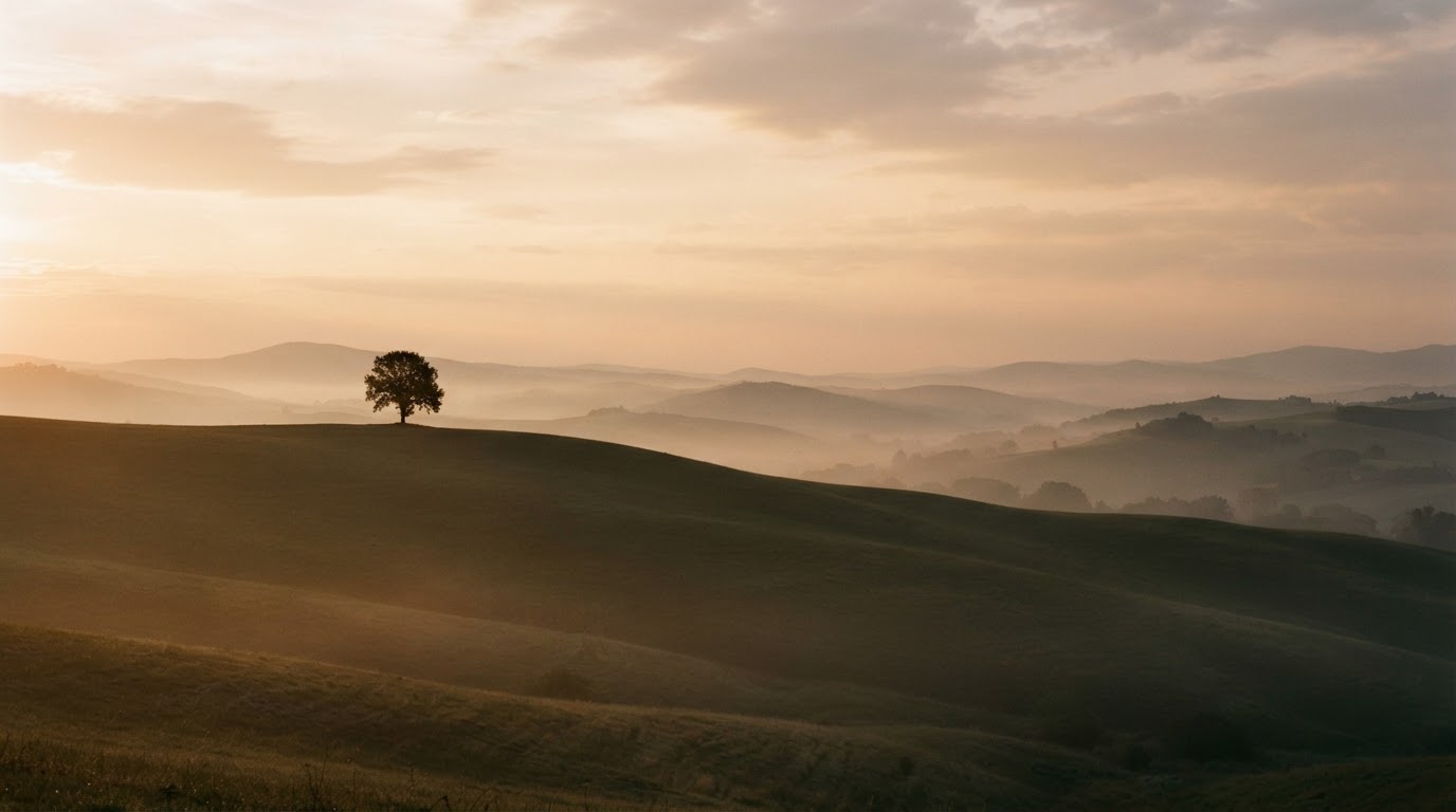 Misty golden-hour landscape with a lone tree