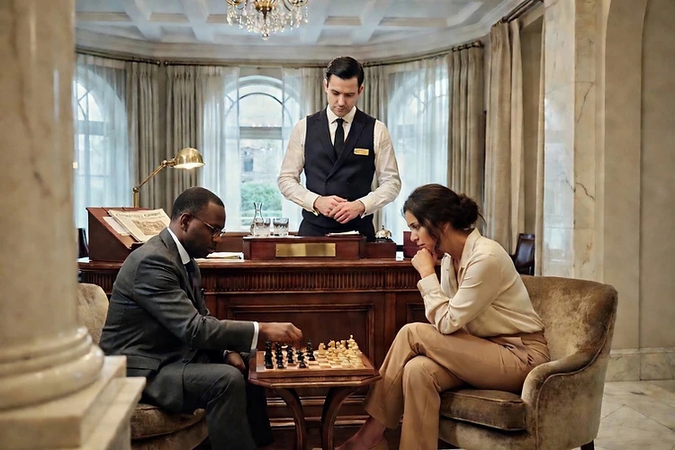 A chess game in a refined hotel lobby