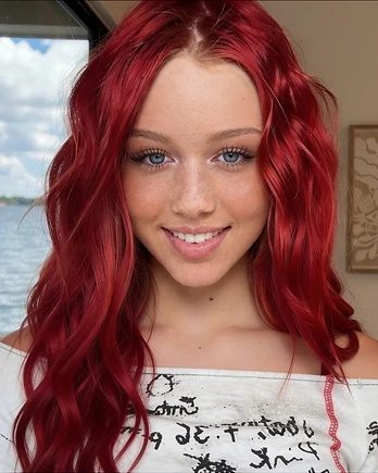 Skylar smiling by the lake, red hair and freckles