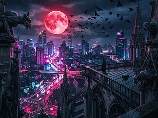 Vesper at night under a red moon