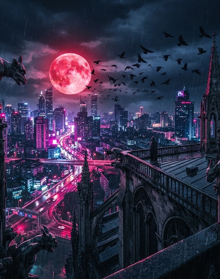 Neon-lit city at night under a red moon