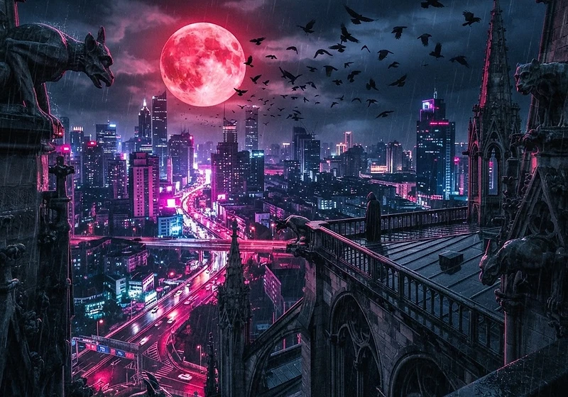 Neon-lit city at night under a blood-red moon