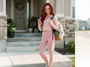 Skylar on her front steps in a pink athleisure set with a backpack