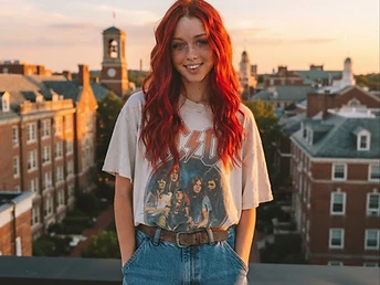 Skylar on a rooftop in a vintage tee