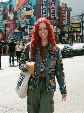 Skylar walking downtown with a thrift tote