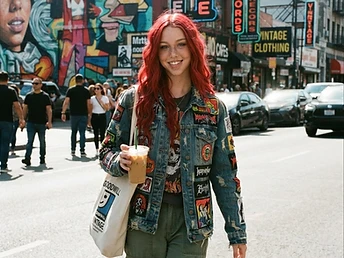 Skylar walking downtown with a thrift tote