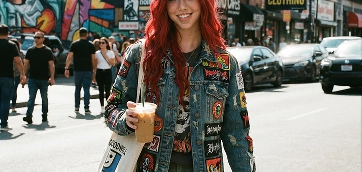 Skylar walking downtown with a thrift tote