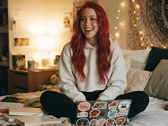 Skylar in her dorm room with books and string lights