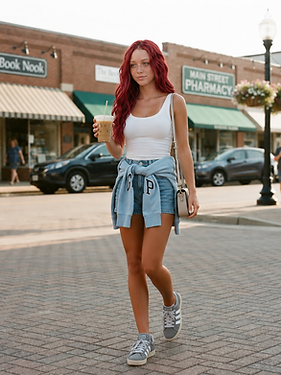 Skylar walking downtown with an iced coffee in a white tank and denim shorts, sweatshirt tied at her waist
