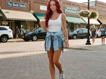 Skylar walking downtown with an iced coffee in a white tank and denim shorts, sweatshirt tied at her waist