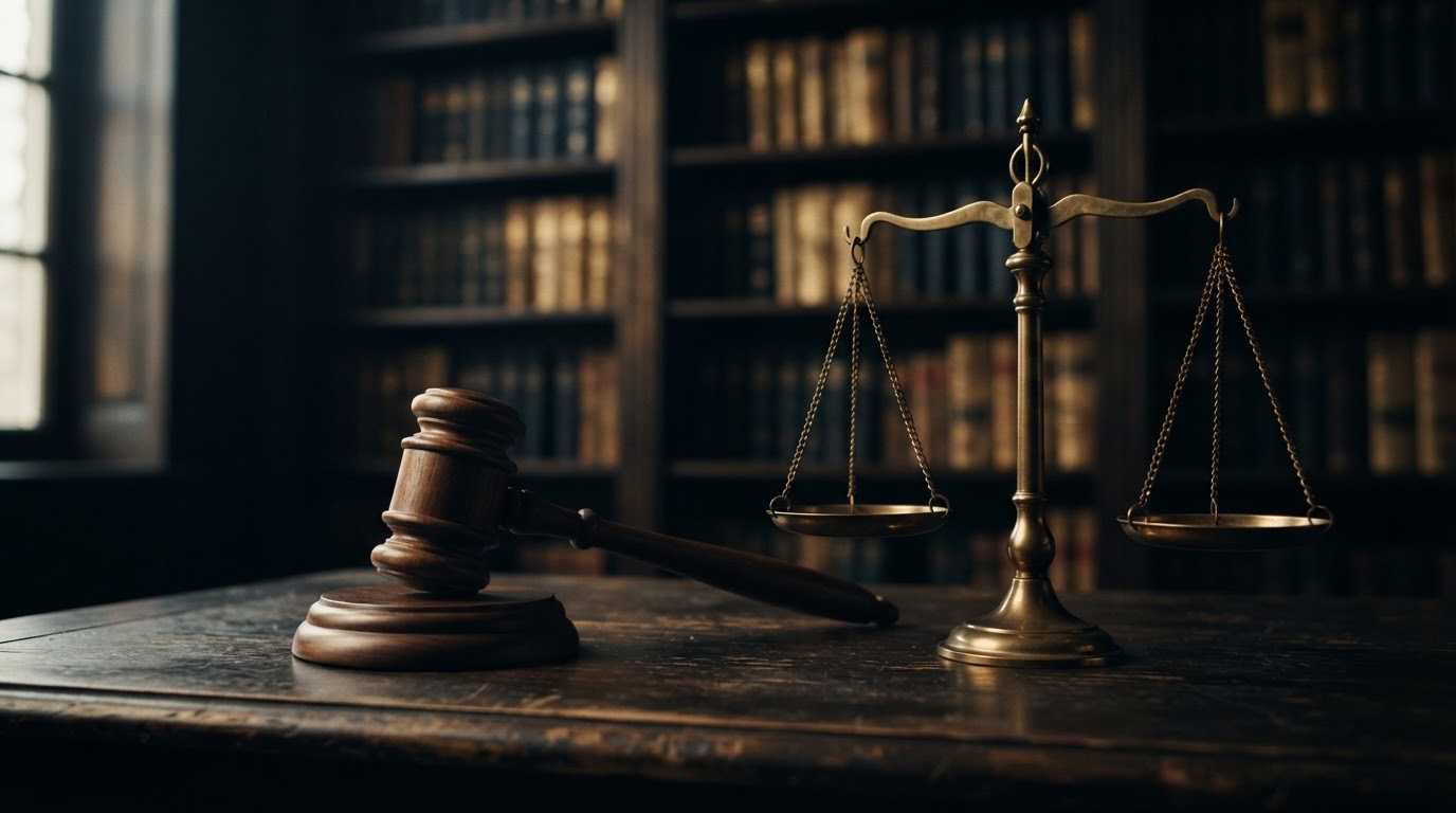 Martelo de madeira e balança de justiça em latão sobre estante de livros jurídicos