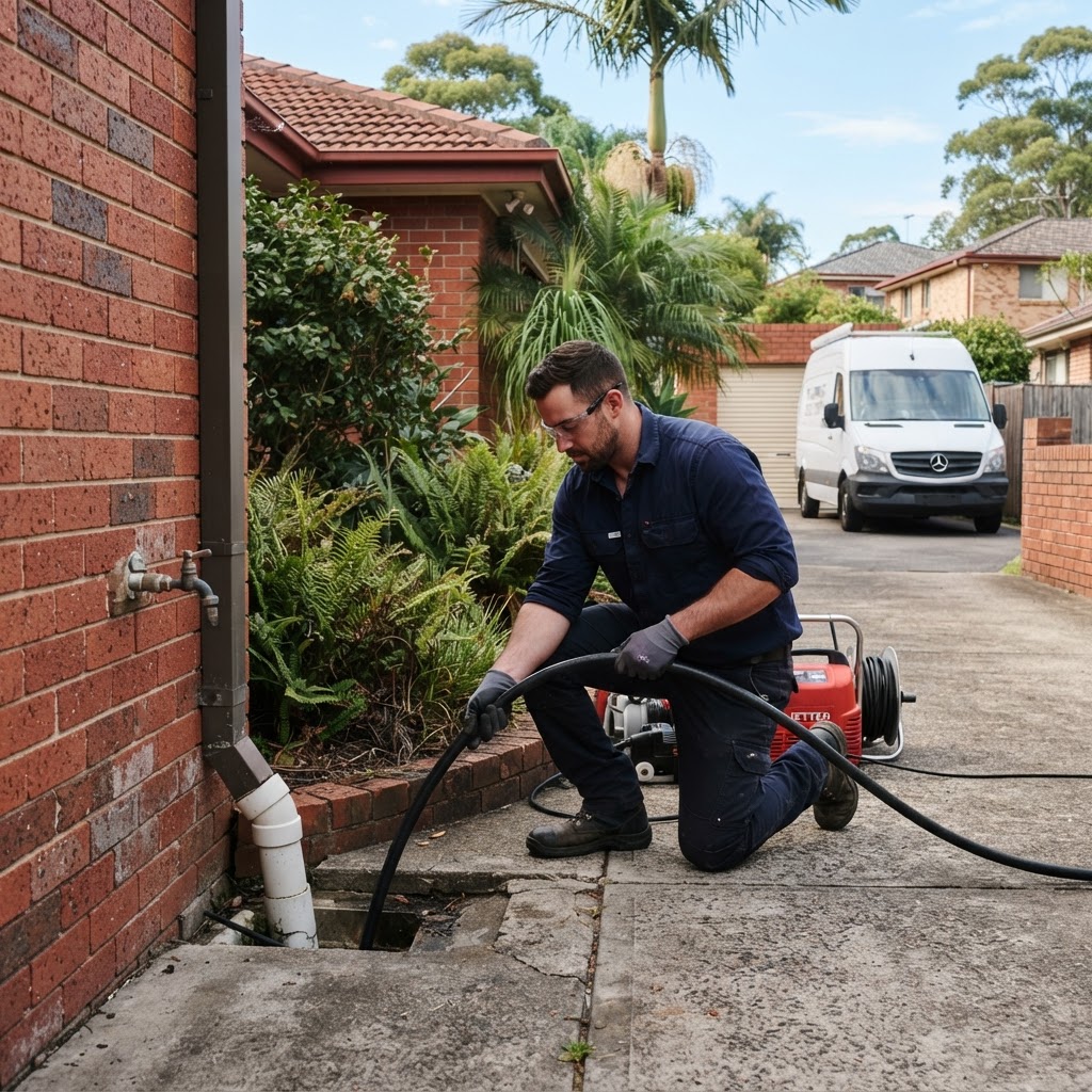 Plumber clearing a blocked drain at an overflow gully in Sydney