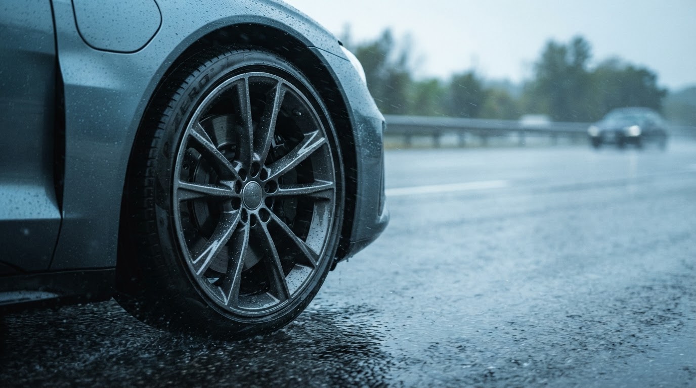 Neumático de coche circulando con seguridad sobre carretera mojada