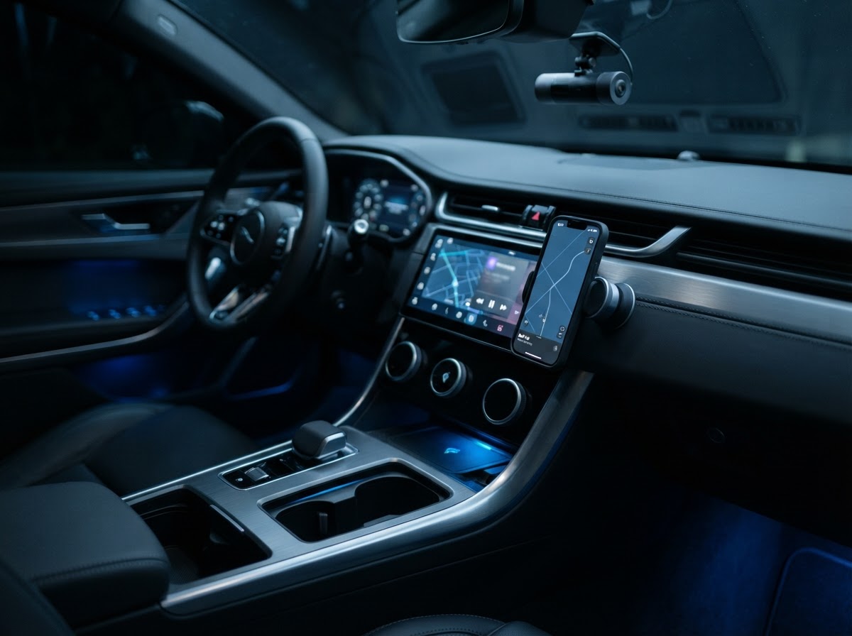 Tecnología conectada en la consola central de un coche