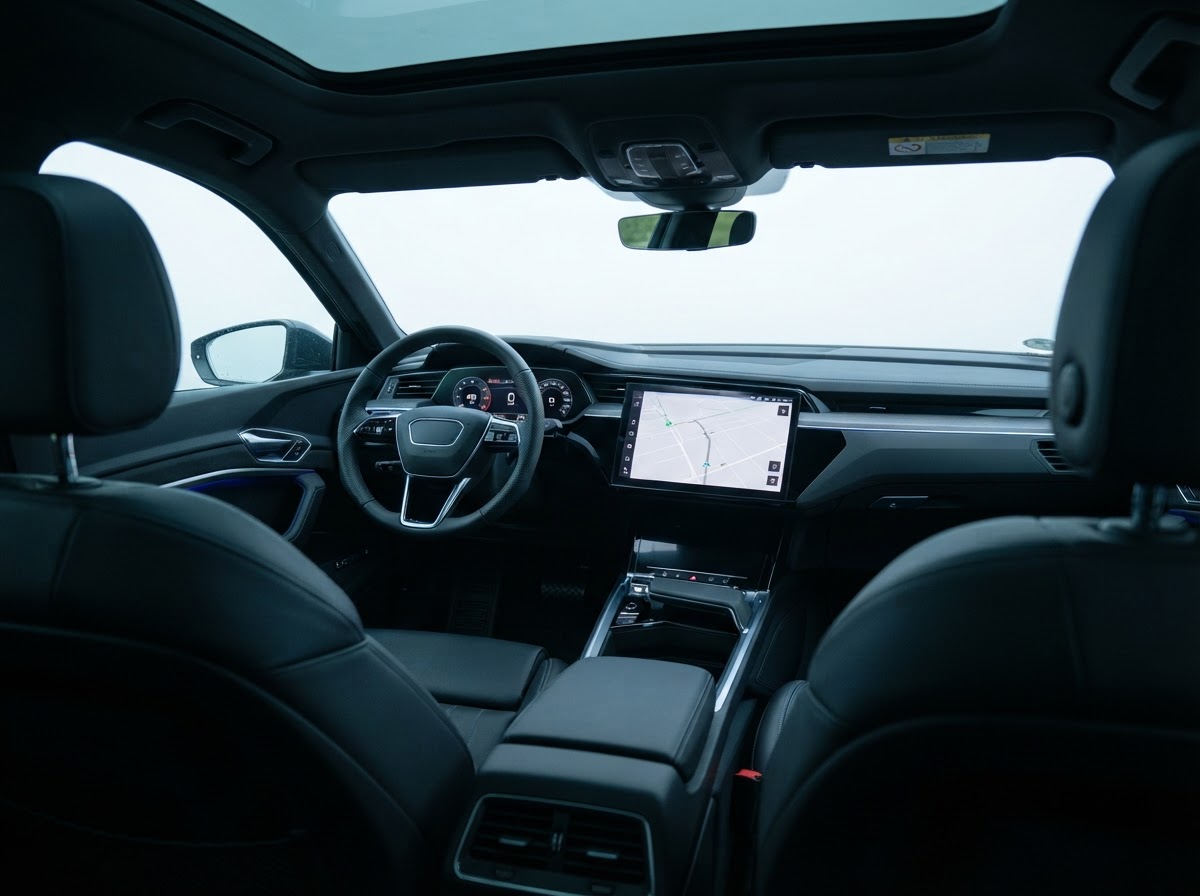 Interior de coche moderno con pantalla multimedia y navegación
