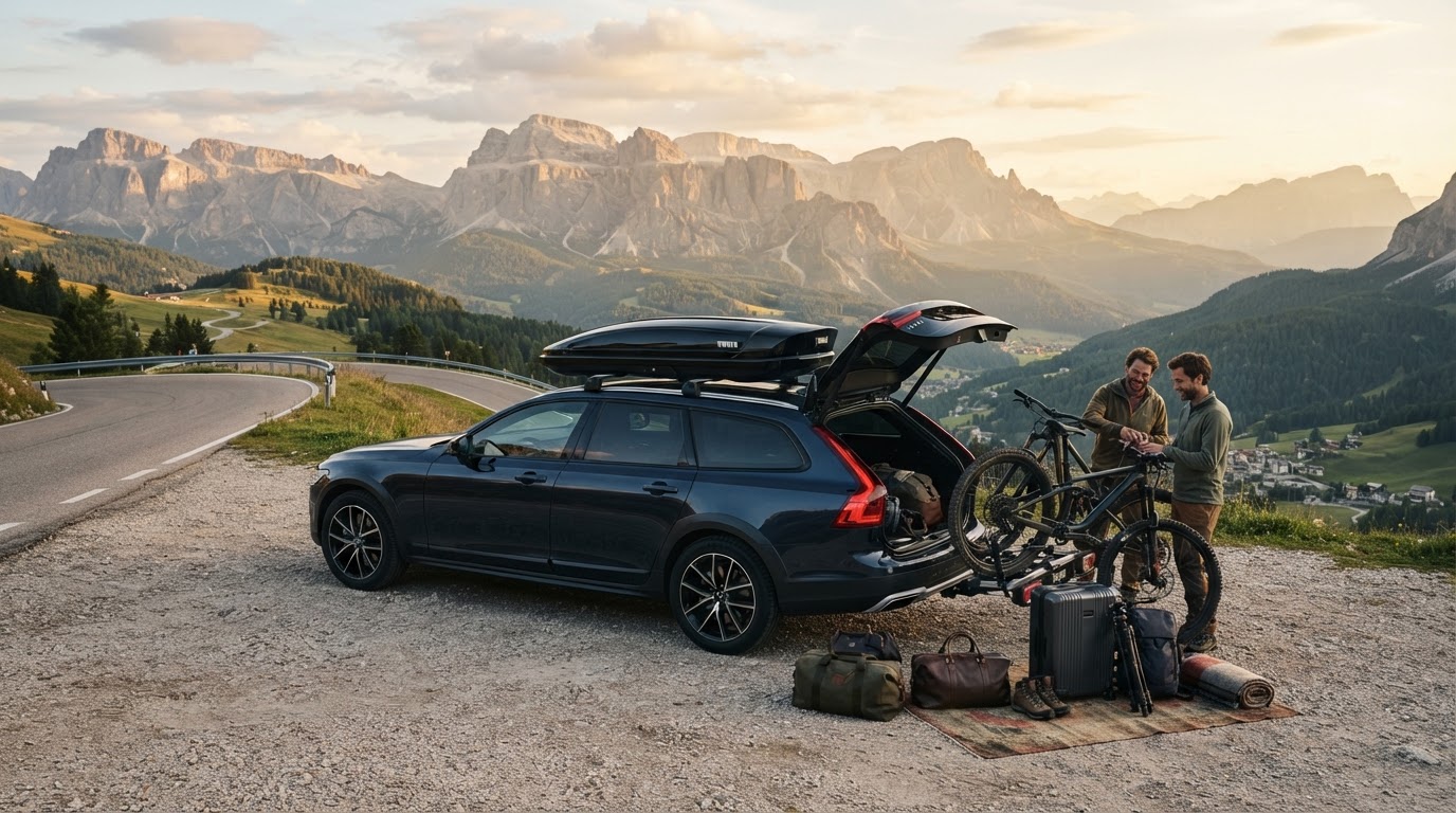 Coche preparado con cofre de techo y equipaje para viajar