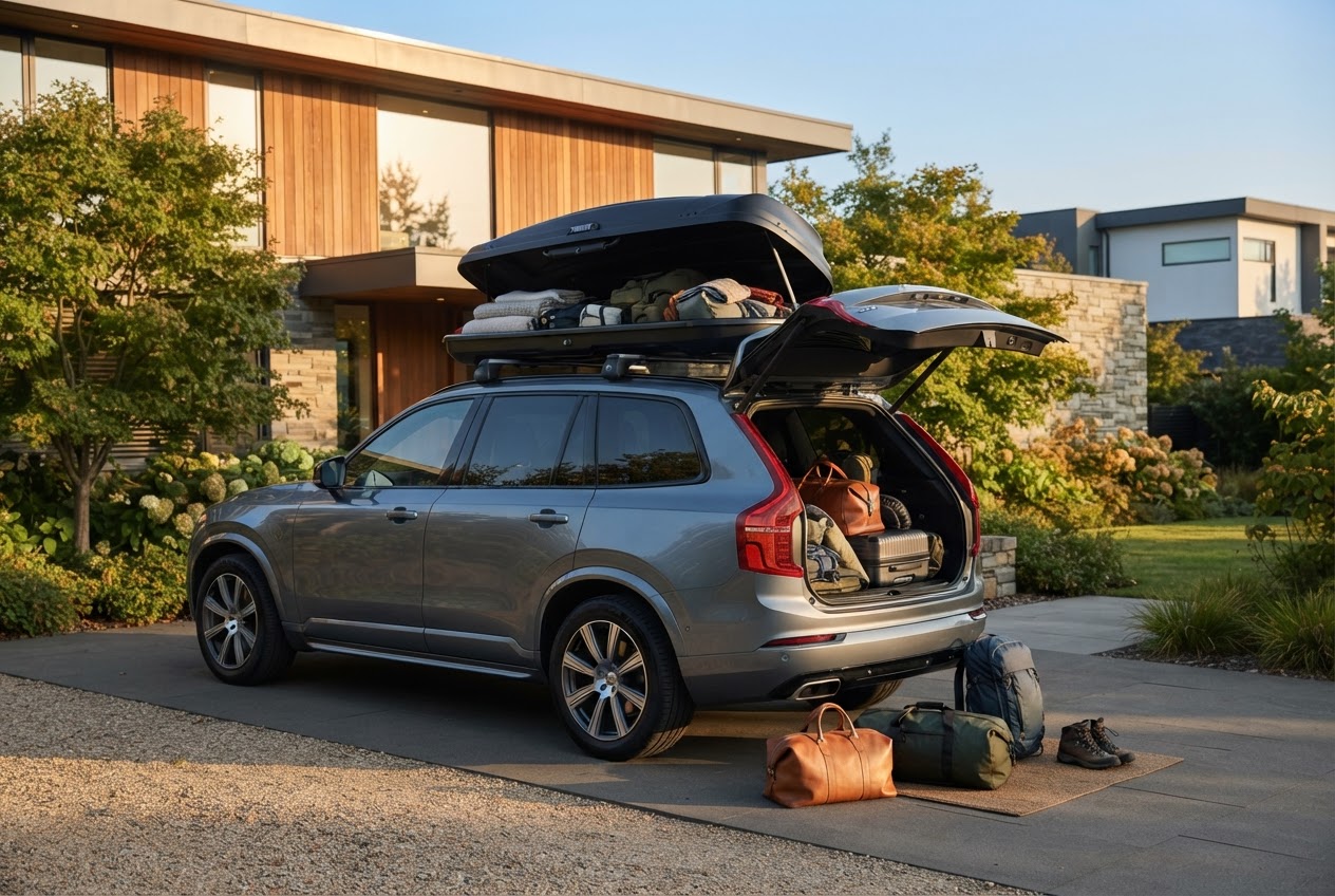 Coche equipado con portaequipajes y cofre para viajar