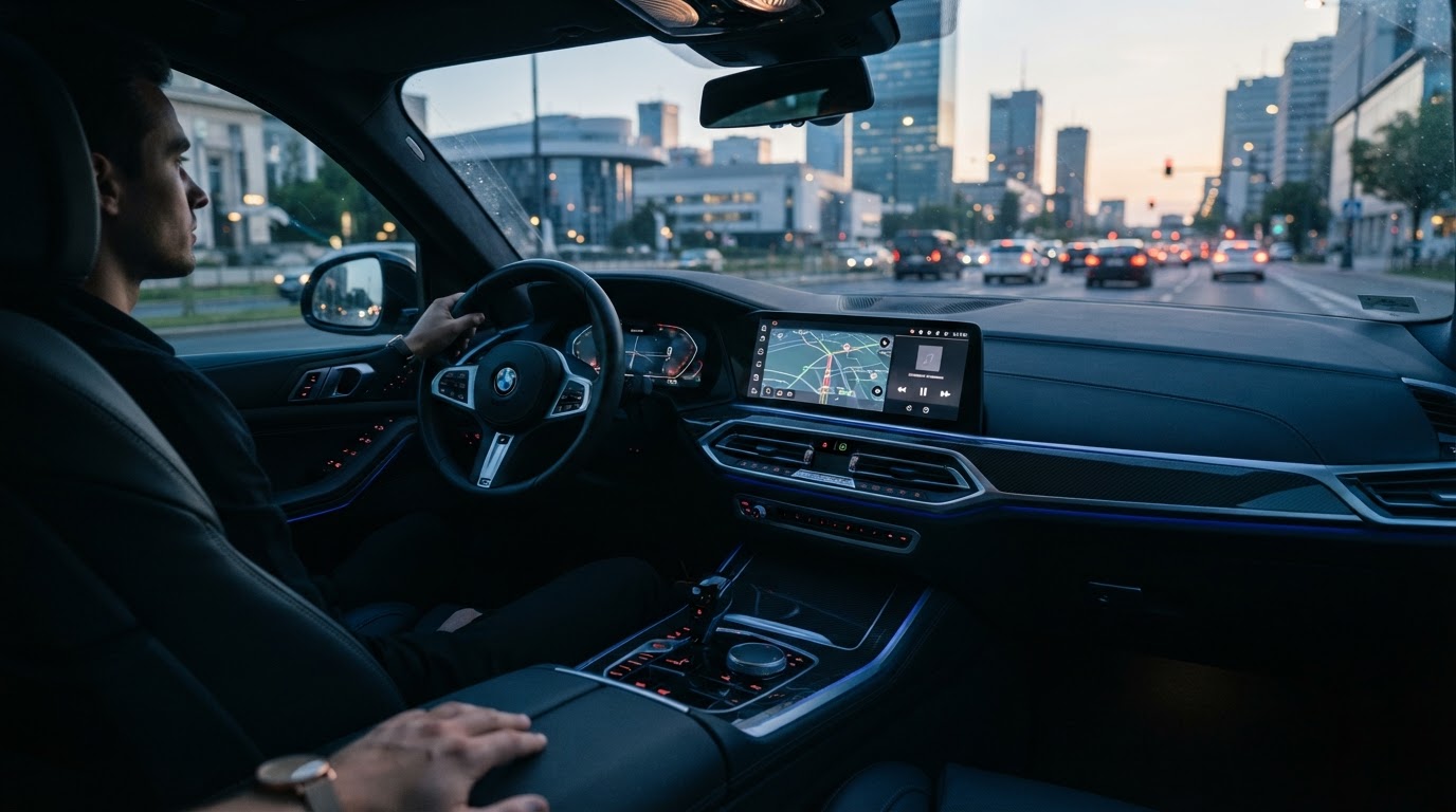 Pantalla del coche mostrando navegación y multimedia conectados