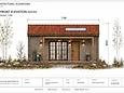 VISTA 30 frontfasad söder med pergola, rödt tak och glasparti, ritning A-40.3-01