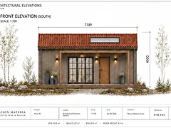 VISTA 30 frontfasad söder med pergola, rödt tak och glasparti, ritning A-40.3-01