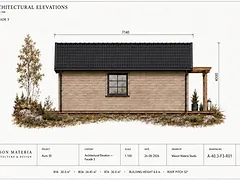 AURA 30 fasad 3 sidovy med centralt fönster och träpanel, ritning A-40.3-F3-R01