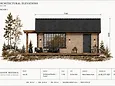 AURA 30 fasad 1 frontfasad med stor fönstersektion, pergola och terrassmöbler, ritning A-40.3-F1-R01