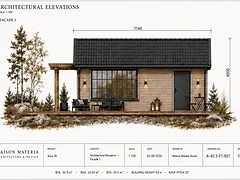 AURA 30 fasad 1 frontfasad med stor fönstersektion, pergola och terrassmöbler, ritning A-40.3-F1-R01