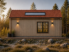 VISTA 30 sidoprofil med horisontell träpanel, rödt tegeltak och takfönster — exteriör i skogsmiljö vid solnedgång