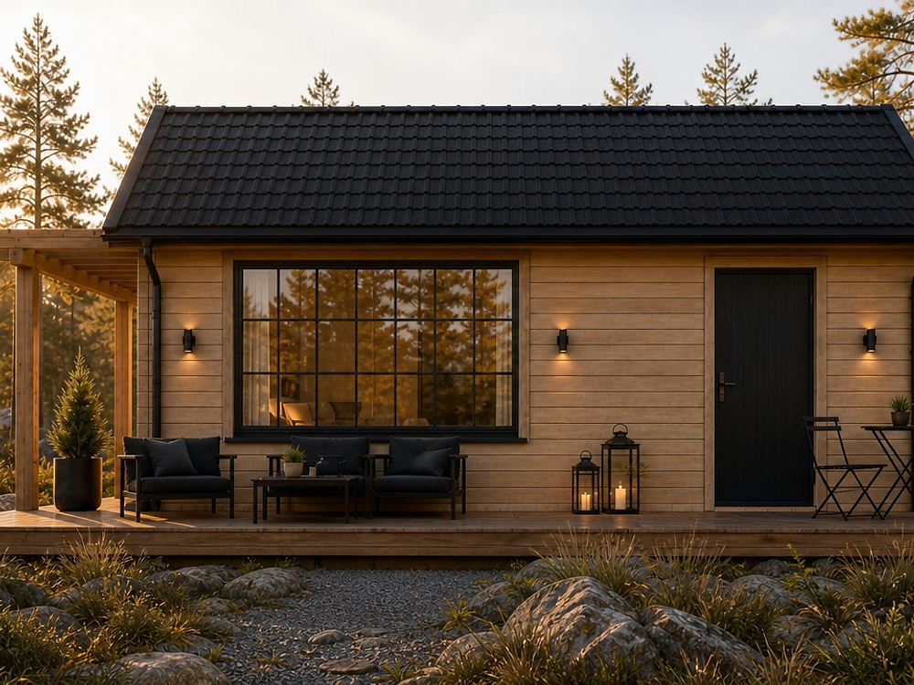 AURA 30 frontfasad med horisontell träpanel, mörkt tak och pergola — exteriör i skogsmiljö vid solnedgång
