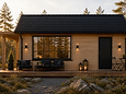 AURA 30 frontfasad med horisontell träpanel, mörkt tak och pergola — exteriör i skogsmiljö vid solnedgång