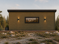 NOVA 30 sidovy med platt tak, olivgrön träpanel och fönster — exteriör i skogsterräng
