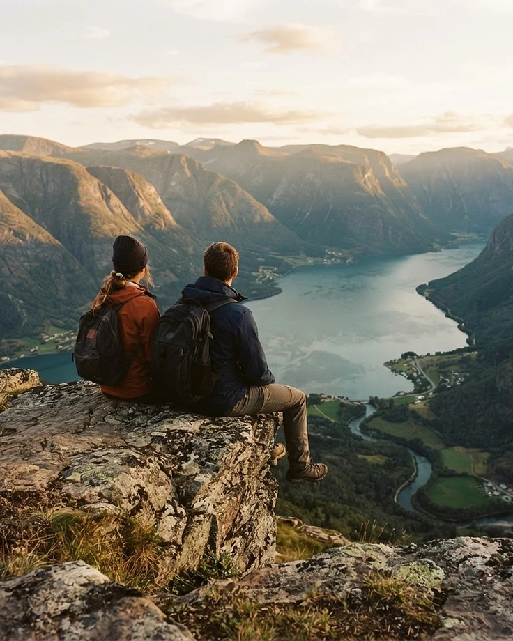 Due viaggiatori di spalle davanti a una valle al tramonto