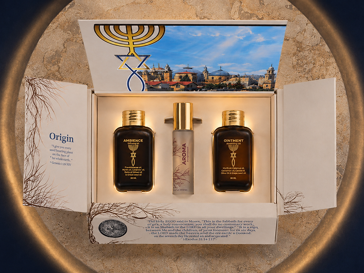 Inside the Origin box - the Jerusalem artwork and the golden Menorah emblem