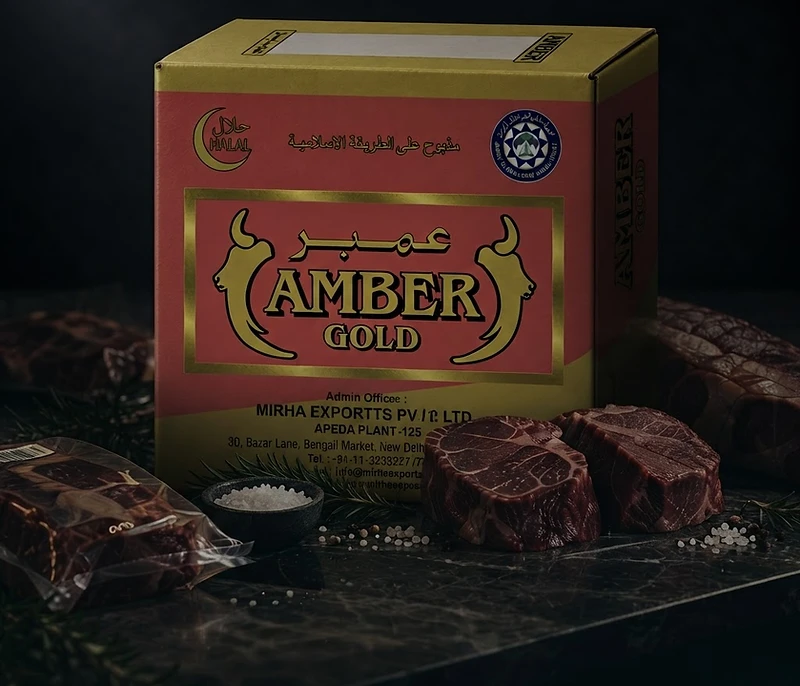 GFS AMBER GOLD BUFFALO MEAT frozen buffalo export carton from India in dark cinematic lighting
