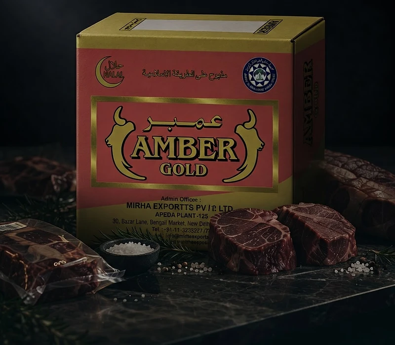 GFS AMBER GOLD BUFFALO MEAT frozen buffalo export carton from India in dark cinematic lighting