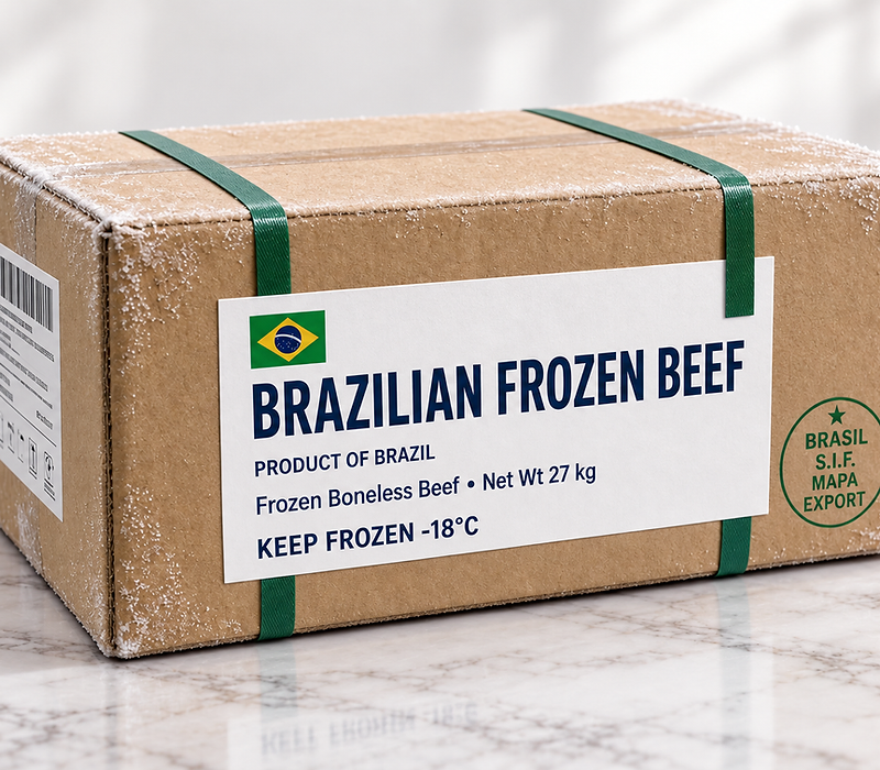 GFS BRAZILIAN FROZEN BEEF frozen beef export carton from Brazil in dark cinematic lighting