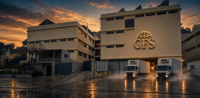 GFS Global Frost Supply headquarters building in Nahr El Mot, Beirut, Lebanon, at dusk