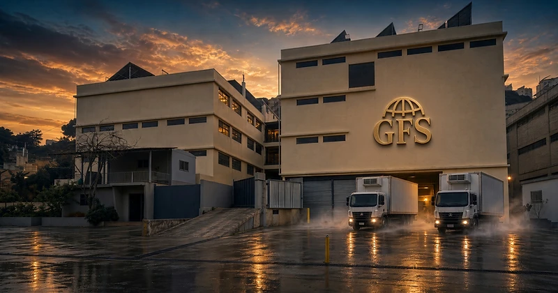 GFS Global Frost Supply headquarters building in Nahr El Mot, Beirut, Lebanon, at dusk