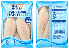 GFS Sea Shell Fish vacuum packed frozen seafood inside an open export carton