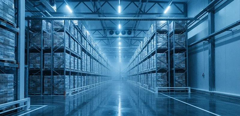 GFS frozen food warehouse interior with cold storage racking maintained at -18°C